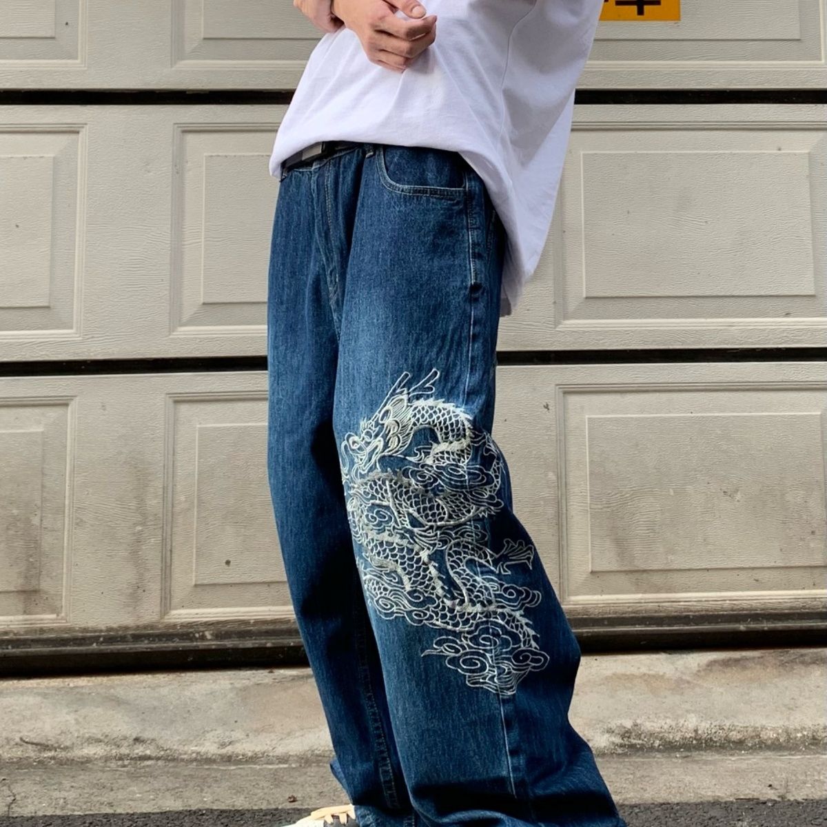 กางเกงยีนส์ทรงหลวมปักลายมังกรกางเกงยีนส์สเก็ตบอร์ด Y2k กางเกงขาทรงกระบอกฮิปฮอปสำหรับผู้ชายและย้อนยุคสำหรับผู้หญิงเครื่องแต่งกายแนวสตรีทฮาราจูกุ