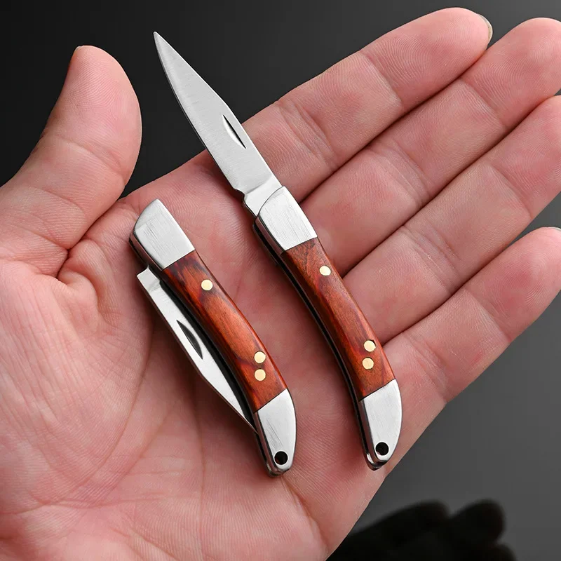 2024 Outdoor Camping Portable Pocket Mini Folding Knife Stainless Steel Blade Wooden Handle Keychain Knife EDC