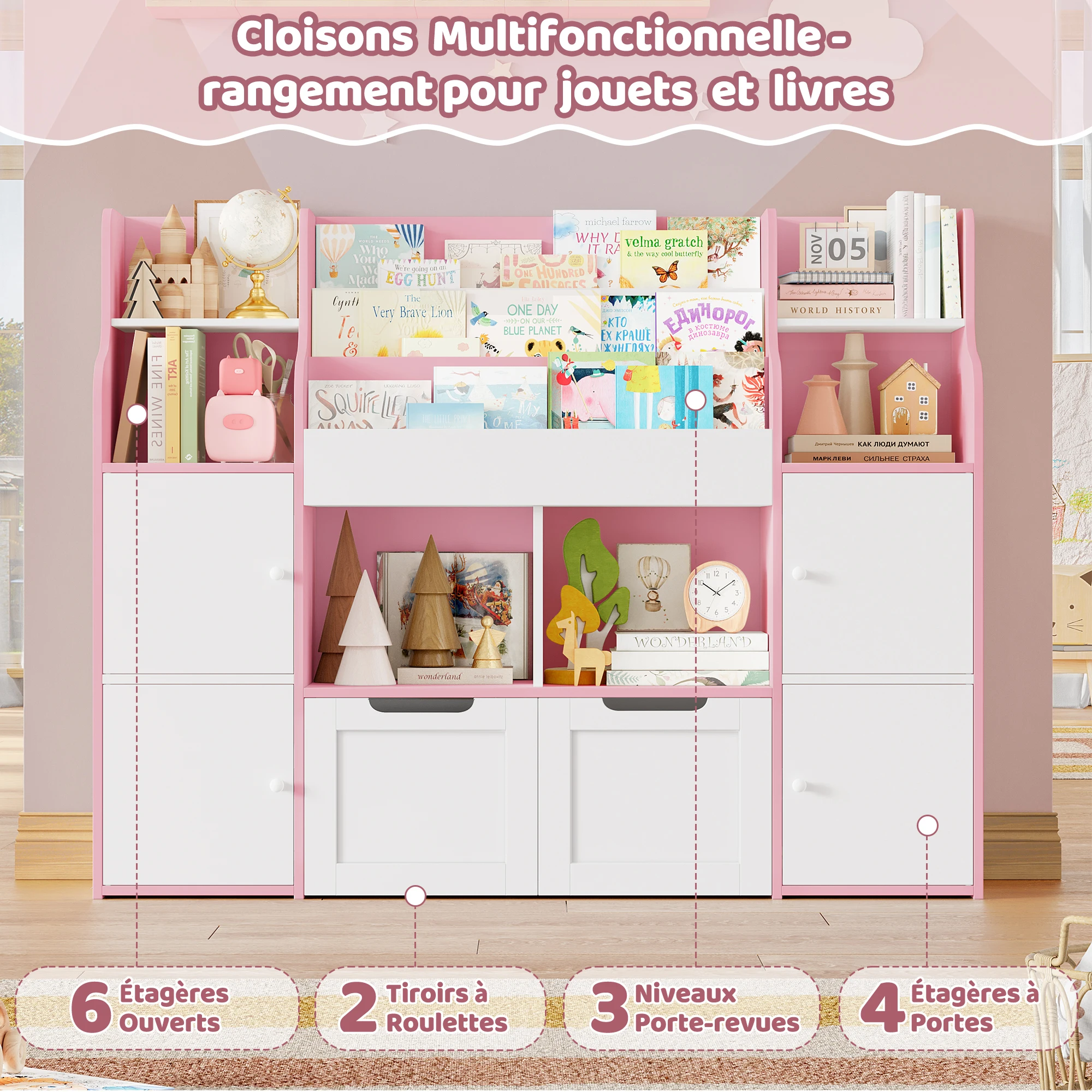 Getone Meuble Rangement Enfant,Meuble Rangement Jouets Enfant,Bibliothèque Enfant,Armoire Chambre Enfant avec 13 Étagères, 2 portes, 2 tiroirs sur roulettes, pour Chambre d’Enfant Salle de Jeu 122x30x100cm