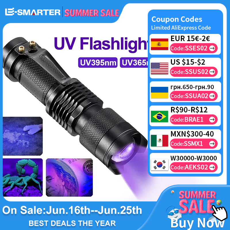 LED UV Flashlight 365/395nm Portable Mini Ultraviolet Torch Waterproof Zoomable Violet Light Pet Urine Scorpion Detector UV Lamp
