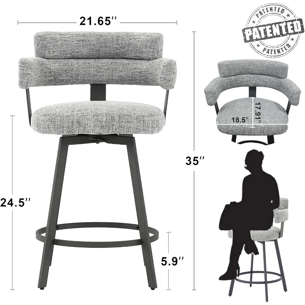 Counter Height Bar Stools Full Back – Swivel Counter Stools Set of 2 Linen Padded Back, Metal Footrest, Barstools, Grey 24 inch
