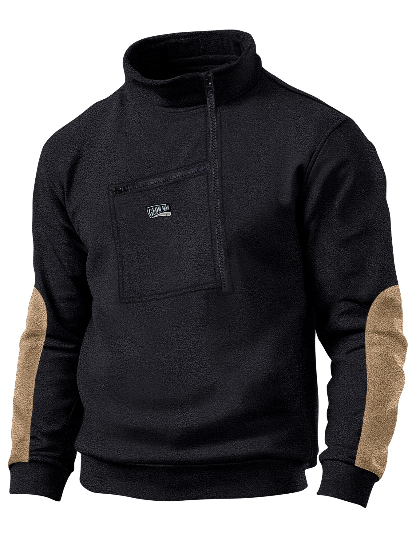 Pull à capuche brodé en polaire pour homme, décontracté, col montant, demi-fermeture éclair, manches longues, poche tactique, automne et hiver