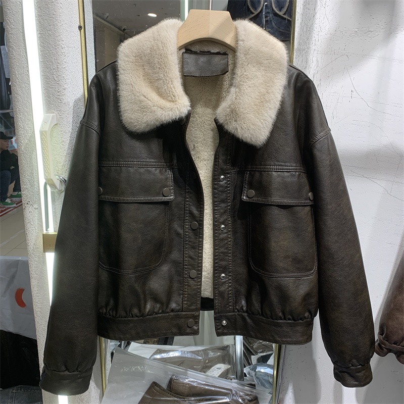 Women's Winter Fleece Lined Genuine Leather Jacket Motorcycle Sle Short Coat Rabbit Fur Inner Warm Commuter Straight Cut Top
