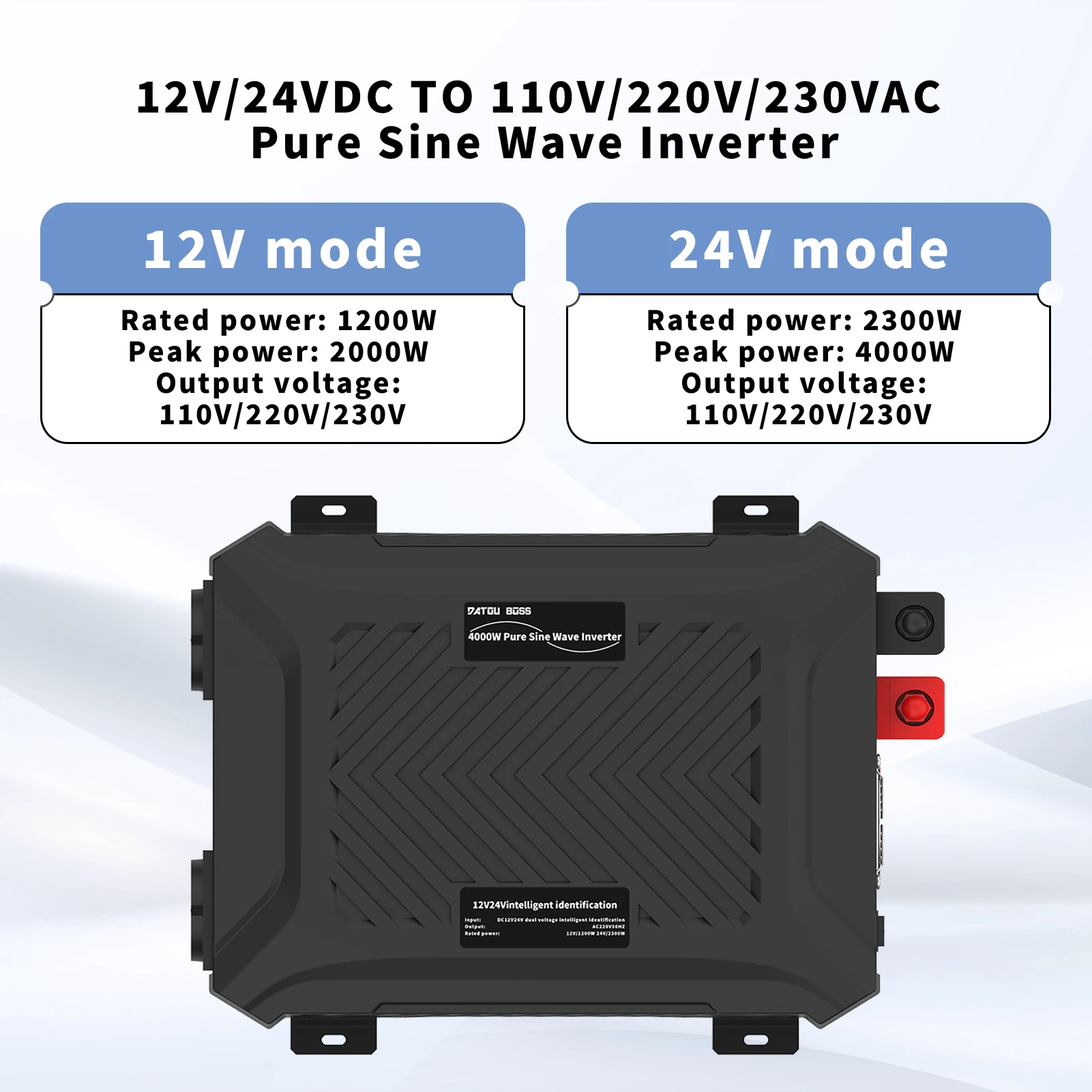 DATOU BOSS reiner Sinus-Wechselrichter, 12 V, 24 V, 1200 W, 2300 W, zwei Spannungen, unterstützt DC-Wechselstrom-Wechselrichter, 12 V auf 220 V, EU-Spitzenleistung 4000 W