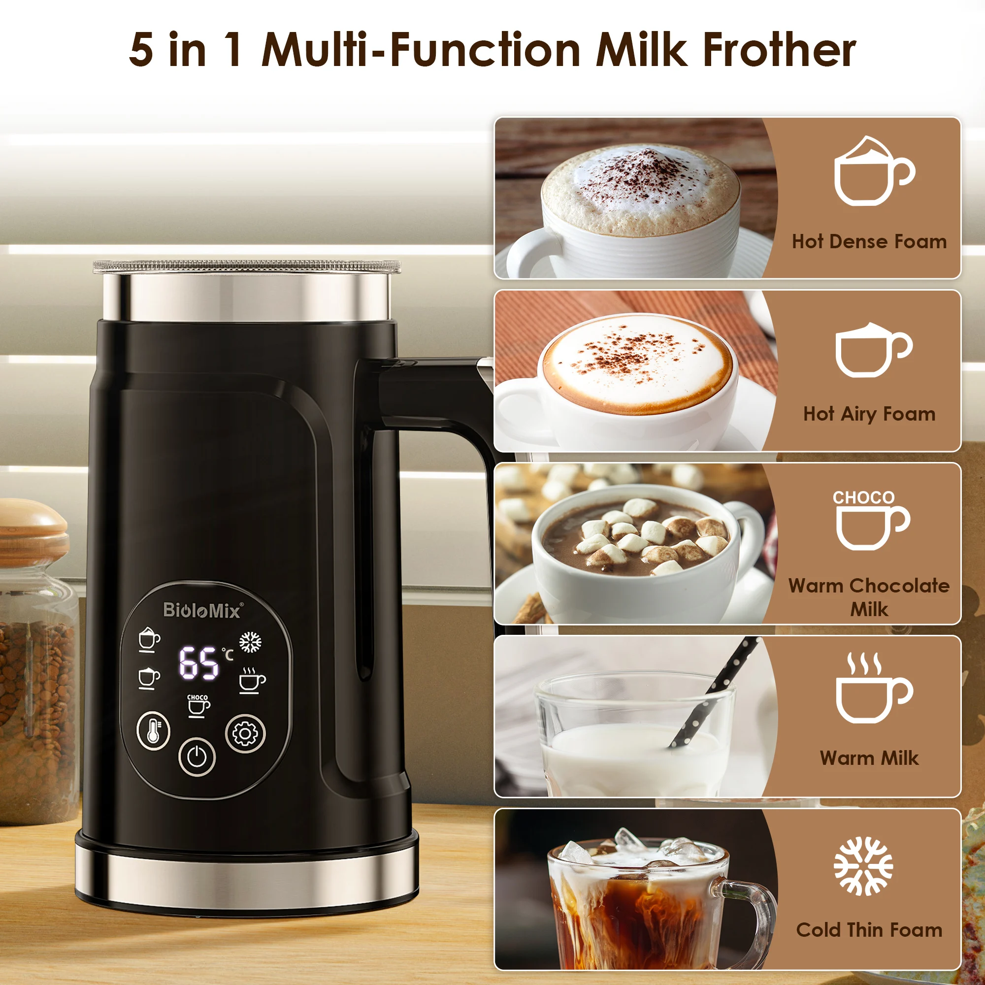 BioloMix 5-in-1-Milchaufschäumer mit verbessertem LED-Display und Touchscreen – Heiß- und Kaltschaumbereiter, Milchwärmer für Kaffee, Latte