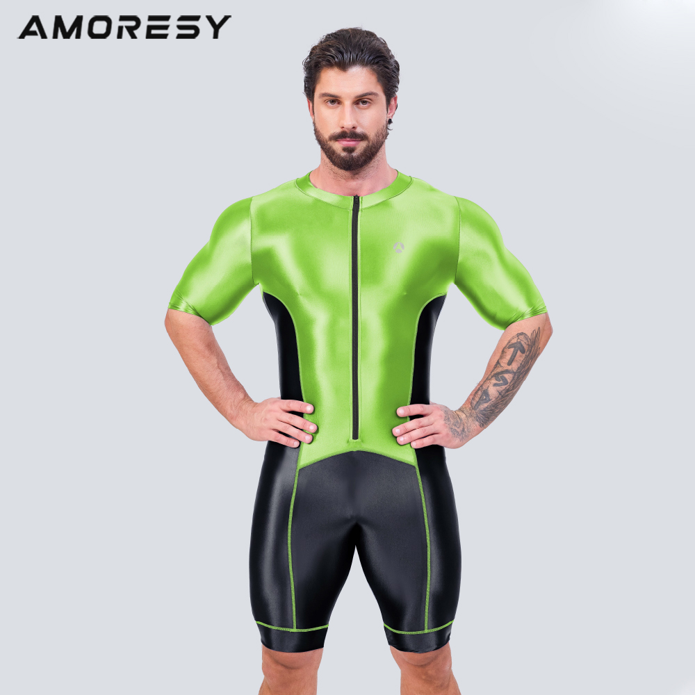 AMORESY Men Glossy Shiny One Piece Triathlon Swimming Running Overalls Road Mountain Bodysuit Racing Cycling Tracksuits Jumpsuit