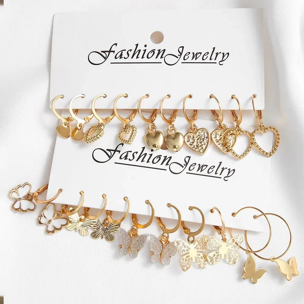 10 pezzi di orecchini semplici creativi color oro set per le donne moda temperamento scavato farfalla amore orecchini gioielli regali