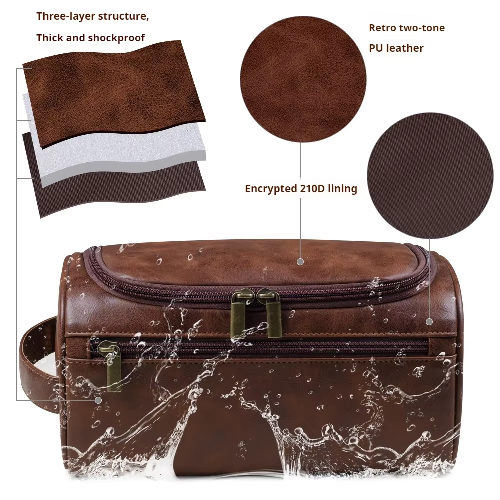 Large Capacity PU Leather Wash Bag Double layered Men's cosmetic bag travel essentials organizer Hanging Makeup Bag