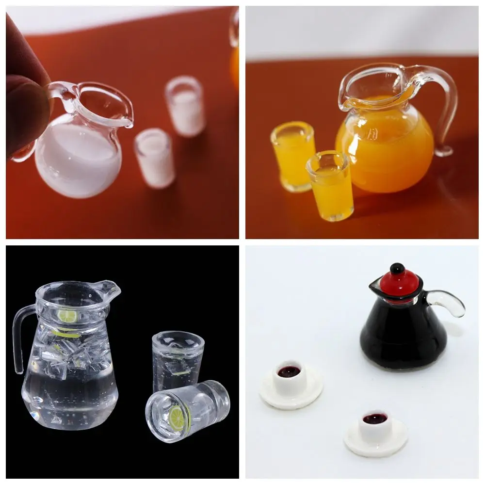 1/12 Scale จําลอง Miniature ดื่มชุดเครื่องดื่มเหยือกถ้วยกาแฟนมมะนาวน้ําส้มตุ๊กตาอุปกรณ์เสริม