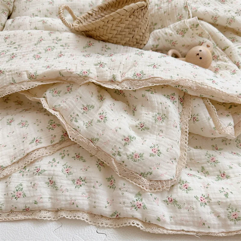 Manta de algodón para bebé, colcha de Camelia, muselina azul, colcha para verano, colcha Floral para bebé