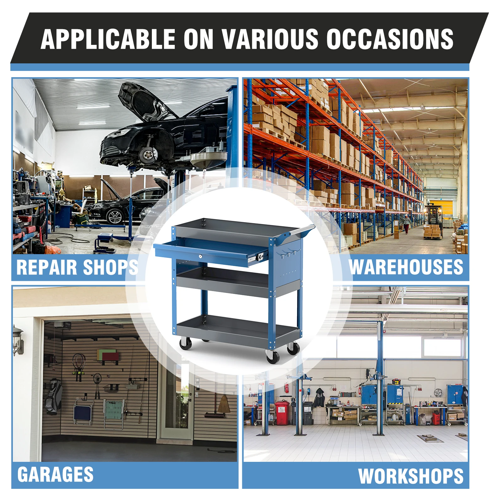 AIRAJ 3 Tier Rolling Tool Cart on Wheels,Metal Heavy Duty Mechanic Cart with Drawers and Pegboard,Industrial Utility Cart