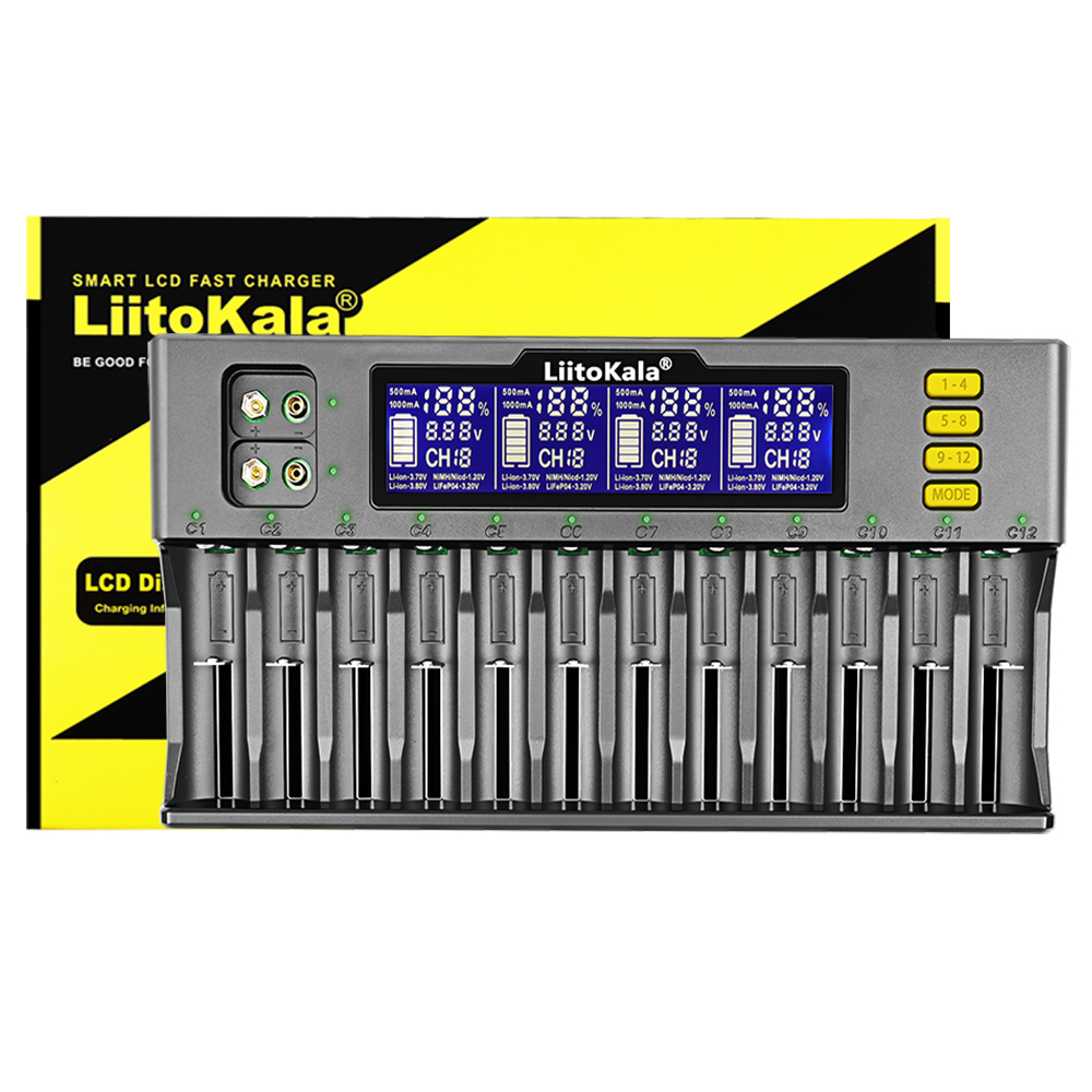 LiitoKala Lii-S8 Lii-S12 LCD Battery Charger for Li-ion LiFePO4 Ni-MH Ni-Cd 9V 21700 20700 26650 18350 18650 RCR123 18700