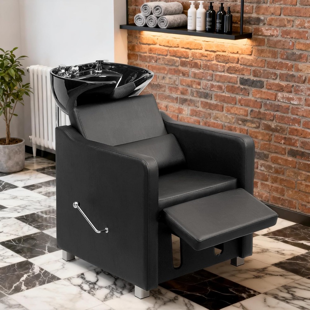 Shampoo Backwash Barber Chair with Ceramic Hair Wash Bowl Sink, Adjustable Leg Baffle, Reclining Shampoo Station Chair