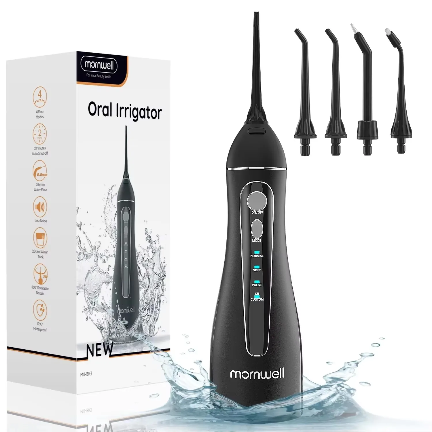 Mornwell-irrigador Oral portátil F18, irrigador de agua recargable por USB, 4 boquillas, chorro de agua Dental, tanque de agua de 200ml, resistente al agua