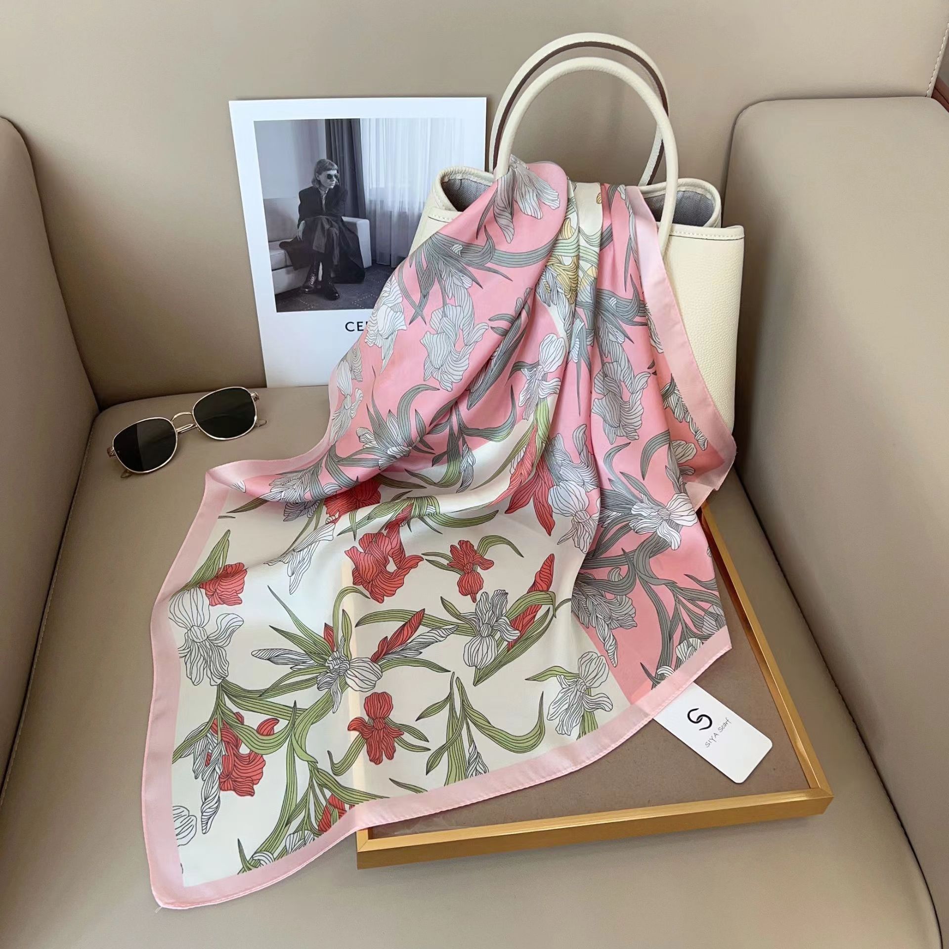 SIMPLEJEWEL 70 センチメートルシルク正方形スカーフ女性サテンバンダナプリントスカーフヘッドバンドファッション女性の髪ショールラップネッカチーフヒジャーブ