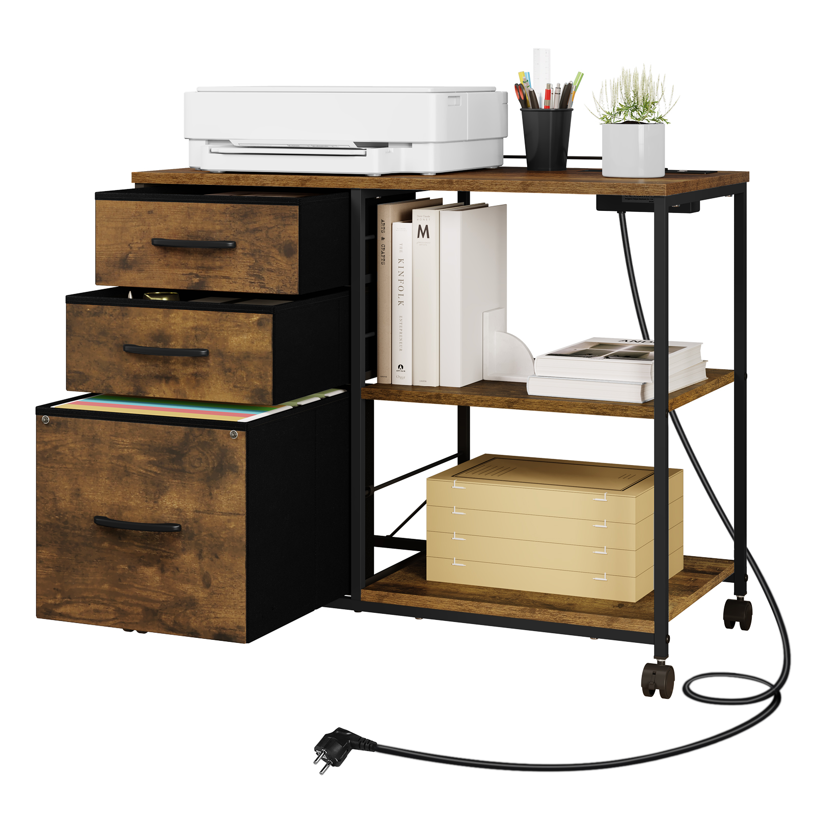 WOLTU Aktenschrank mit Ladestation, 3 Stoffschubladen, Rollbehälter, Drucktisch mit Rollen für Büro und Zuhause