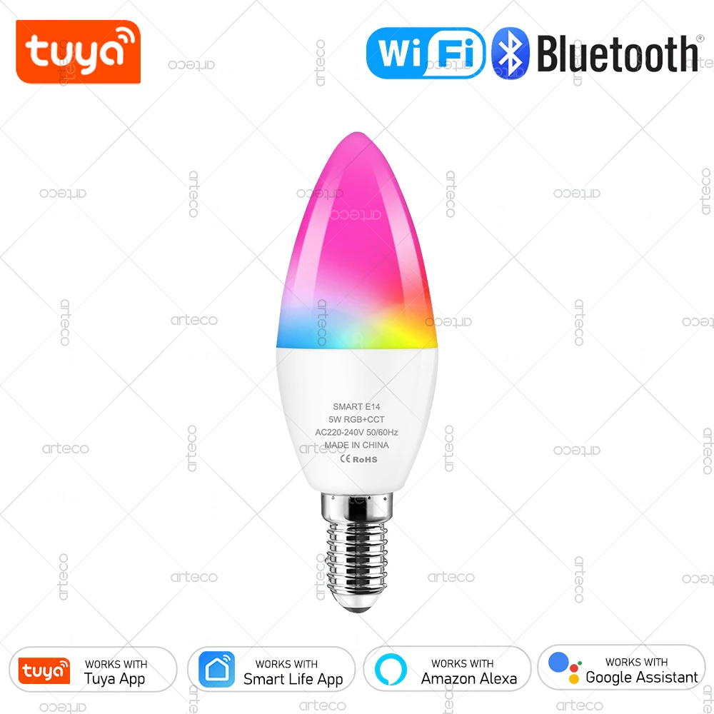 Tuya E14 Lampa świecowa Smart Life App Control Inteligentna żarówka WiFi lub Bluetooth RGB+CW LED Light 220V Ściemnialne lampy kryształowe Wystrój pokoju