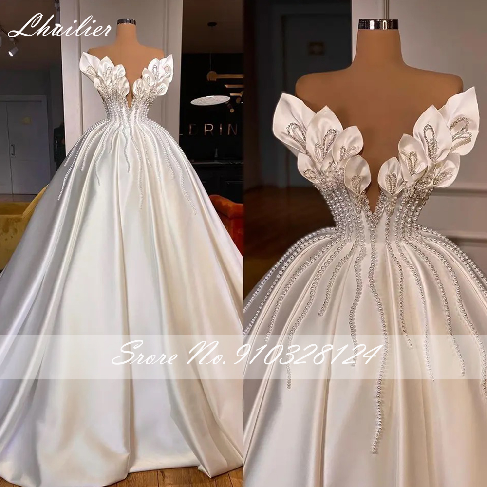 Lhuilier Женские атласные свадебные платья трапециевидной формы с V-образным вырезом по индивидуальному заказу Элегантное свадебное платье без рукавов с жемчугом и бисером со шлейфом часовни