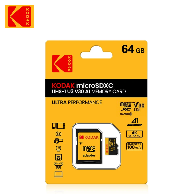 Tarjeta de memoria KODAK Micro SD 512GB 256GB hasta 100MB/s C10 U3 32GB 64GB 128GB tarjeta TF 4K HD para adaptador de lector de tarjetas USB Microsd