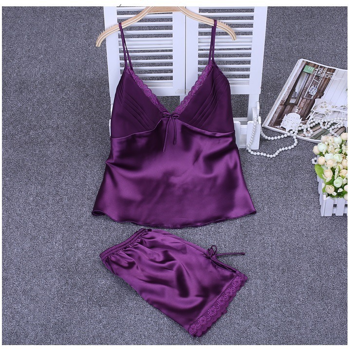 ストラップトップ & ショーツホーム服 2 個ランジェリーサテンナイトウェア女性のセクシーなレーストリムパジャマスーツエレガントなビッグサイズ 3Xl