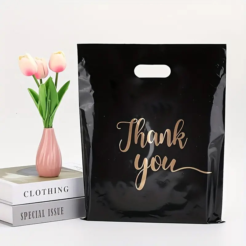 50/100pcs Gift Bag Black Medium-thick Gift Bag Packaging Bag Flat Mouth Bag Hand-held Plastic Bag Black Clothing/Sock Bag