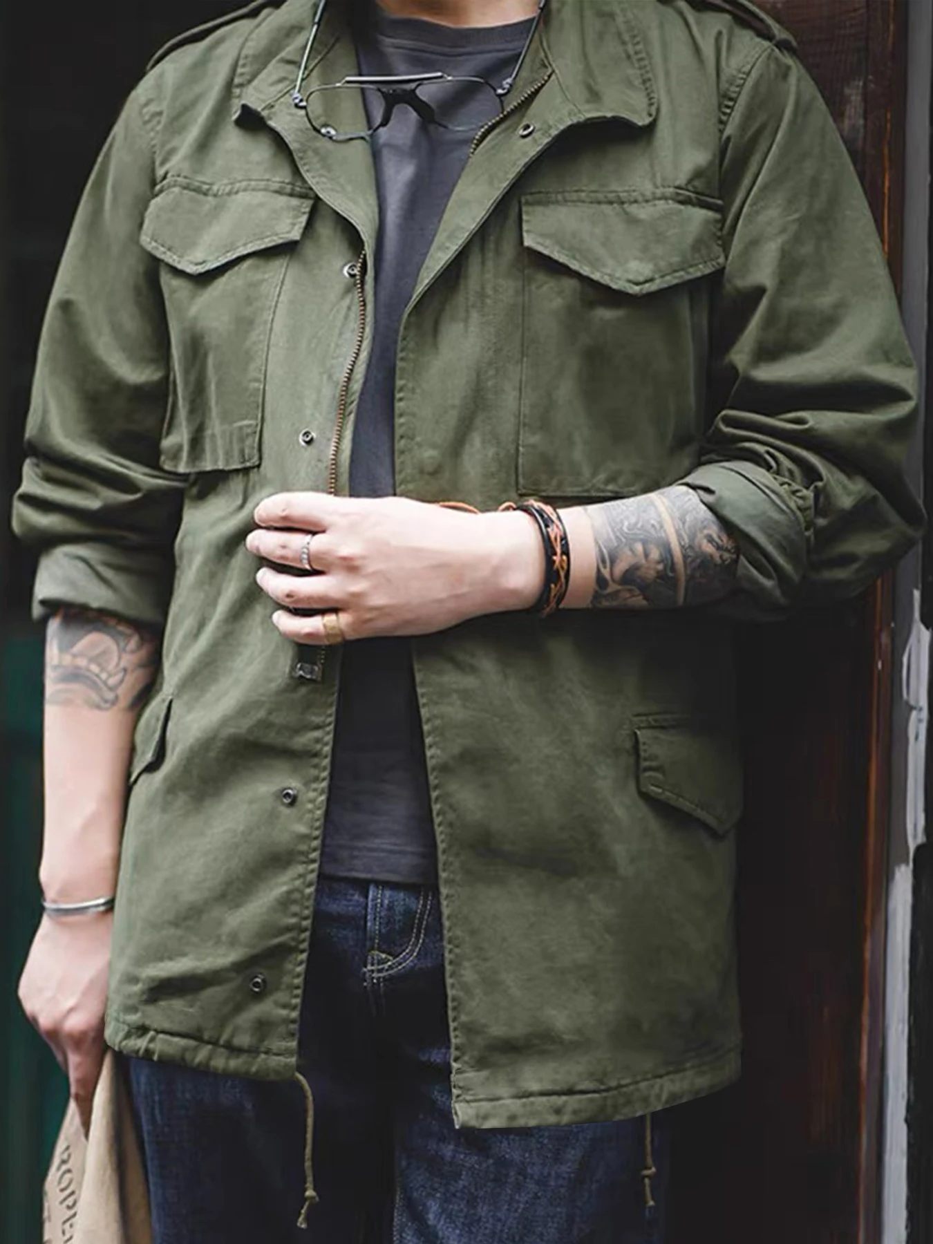 Jaqueta de campo M65, jaqueta militar masculina, jaqueta retrô com gola multibolso e zíper, 100% algodão