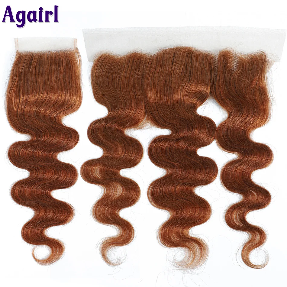 Ginger Brown Body Wave Pacotes de cabelo humano com fechamento, Remy Hair Weave Bundle com Frontal, 28 em, 30 em, 100%
