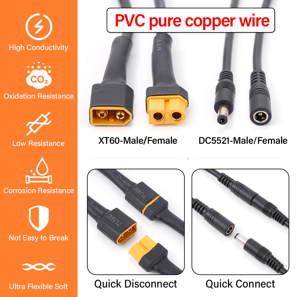 Adaptador de Cable de alimentación para Cables adaptadores de carga de batería, conector macho y hembra a DC5521, 18AWG, XT60, 1 unidad