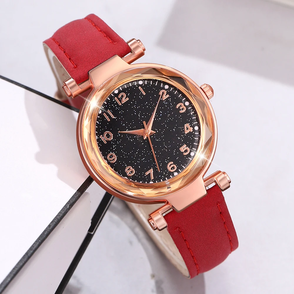 6 pçs/set relógio feminino vermelho com elementos minimalistas dial relógio de quartzo pulseira de látex elementos cereja conjunto de jóias presente da menina