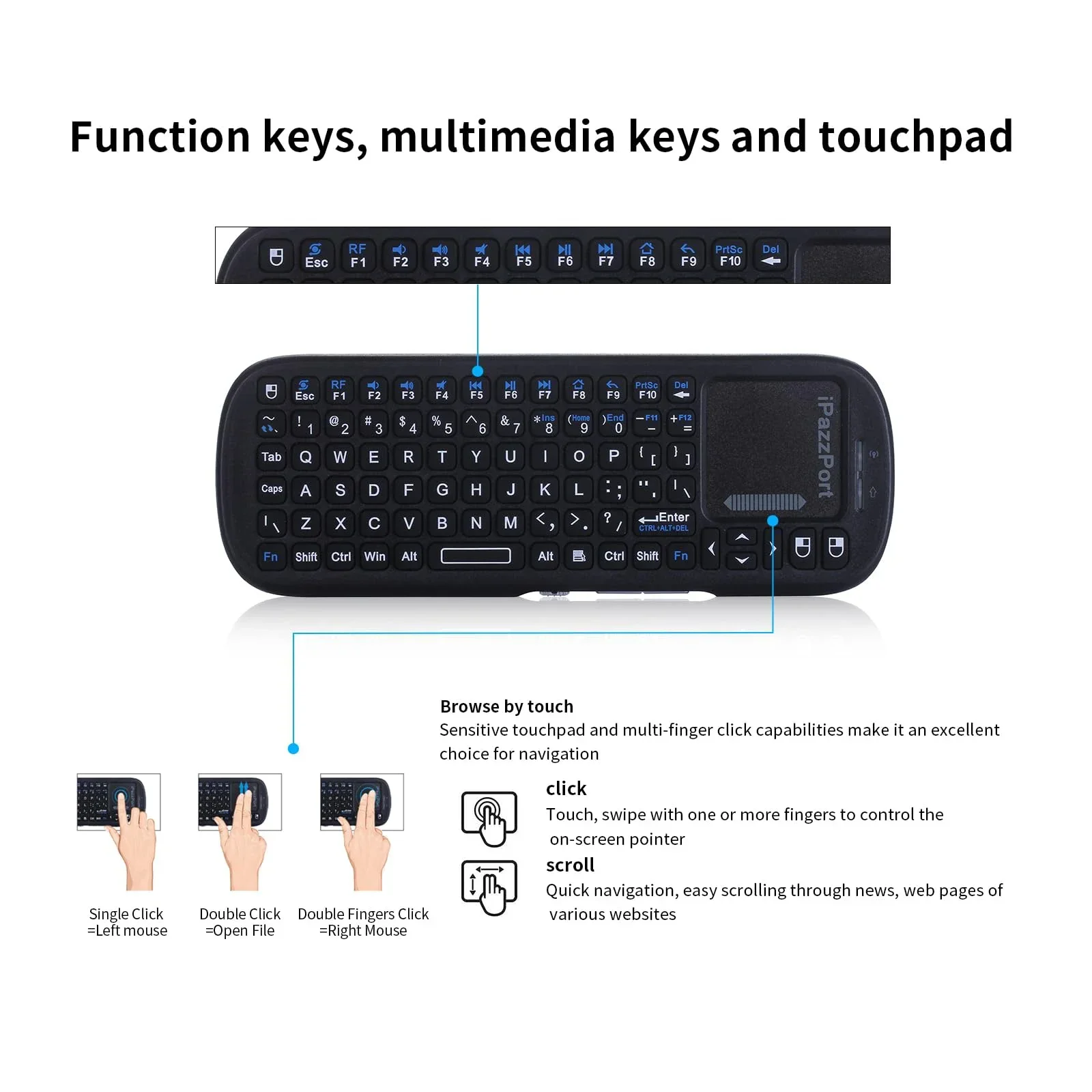 iPazzPort Mini Bluetooth и беспроводная клавиатура 2,4 ГГц с сенсорной панелью и мышью, комбинированная для Android TV Box/ПК/планшета/PS4/Raspberry Pi 3/HTPC