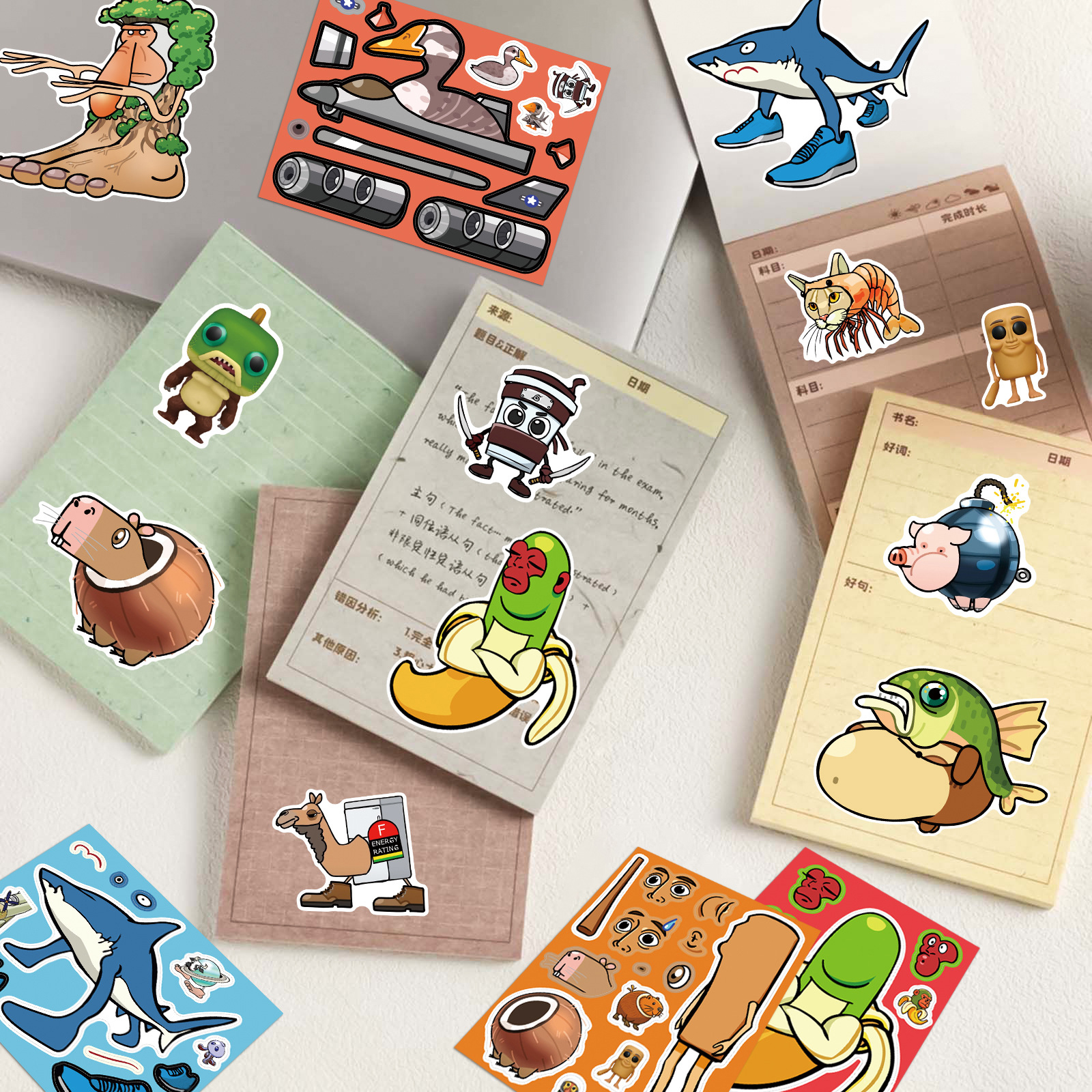 8/16Sheets Abstract Animal Make a Face Puzzle Stickers Tung Tung Sahur Italian Brainrot Animals Decal Assemble Jigsaw Kid Toys