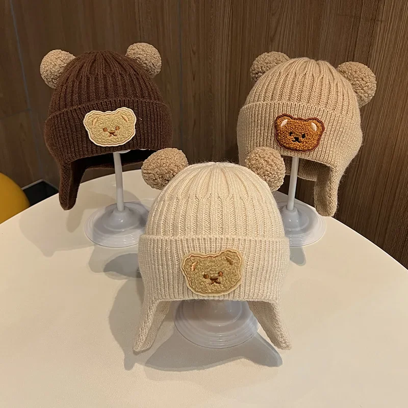 Chapéu de lã do bebê bonito urso proteção de orelha chapéu crianças inverno engrossado quente malha versão coreana do chapéu do bebê