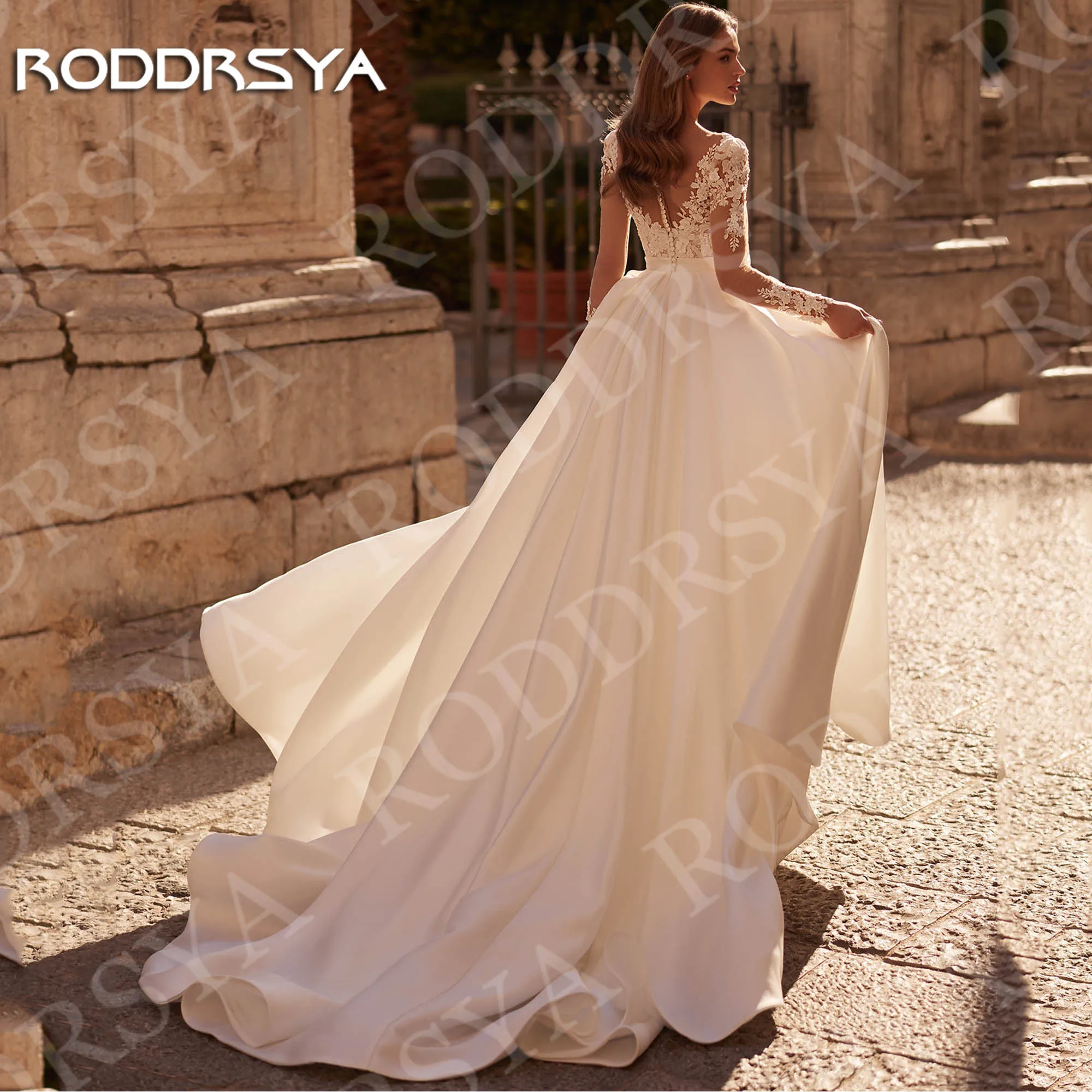 RODDRSYA abito da sposa con scollo A V A maniche lunghe in pizzo squisito una linea di abiti da sposa con spacco alto in raso personalizzato 2025 Manica Lunga V Neck Abito Da Sposa Pizzo Squisite A Line Raso Alto Split