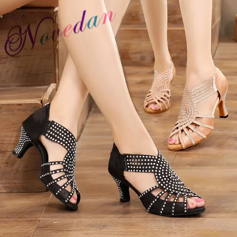 Zapatos de baile de fiesta para mujer, zapatos de baile latino con diamantes de imitación brillantes de satén para exteriores/salón, zapatos de baile de Salsa, tacones altos personalizados