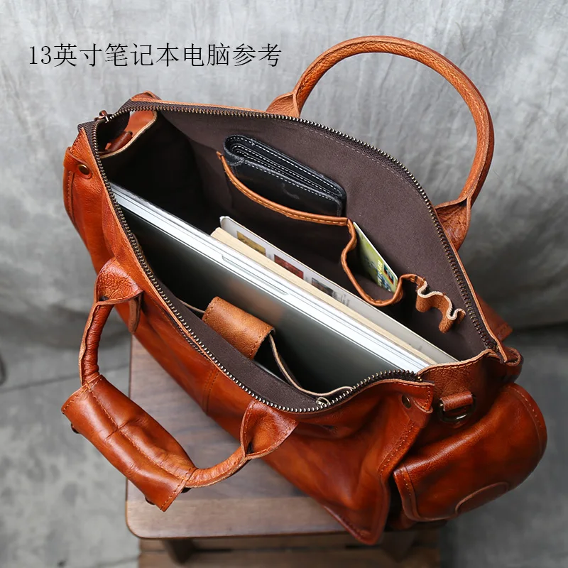 Valigetta in pelle di vacchetta con strato superiore Borsa a tracolla singola da uomo con tracolla Design orizzontale Borsa per computer conciata al vegetale a mano retrò