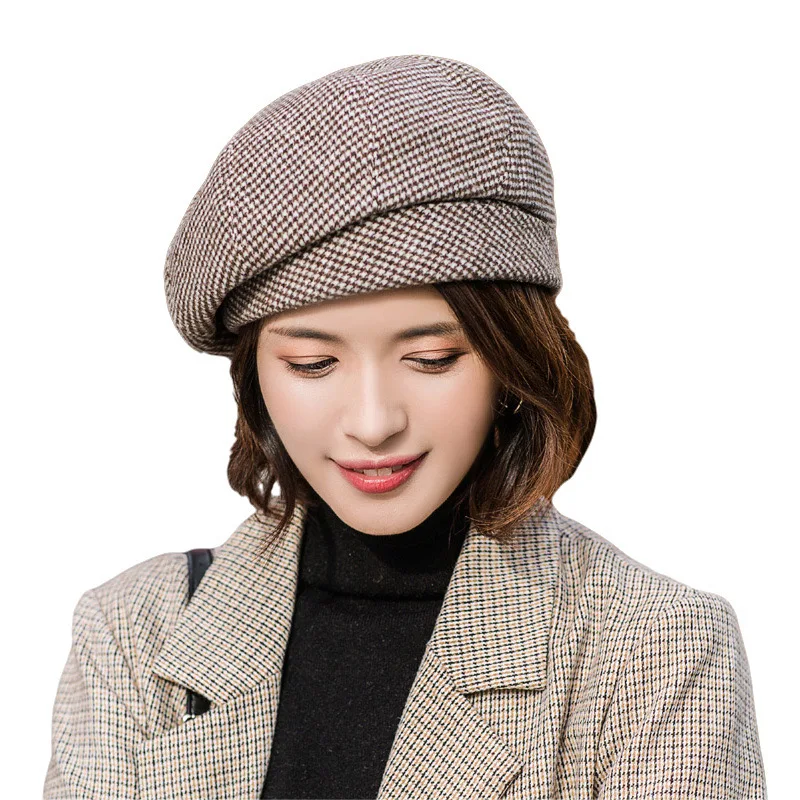Prosty damski wełniany beret dla eleganckich damskich zimowych damskich bawełnianych czapek w kratę Vintage ośmiokątna codzienna jesienna czapka