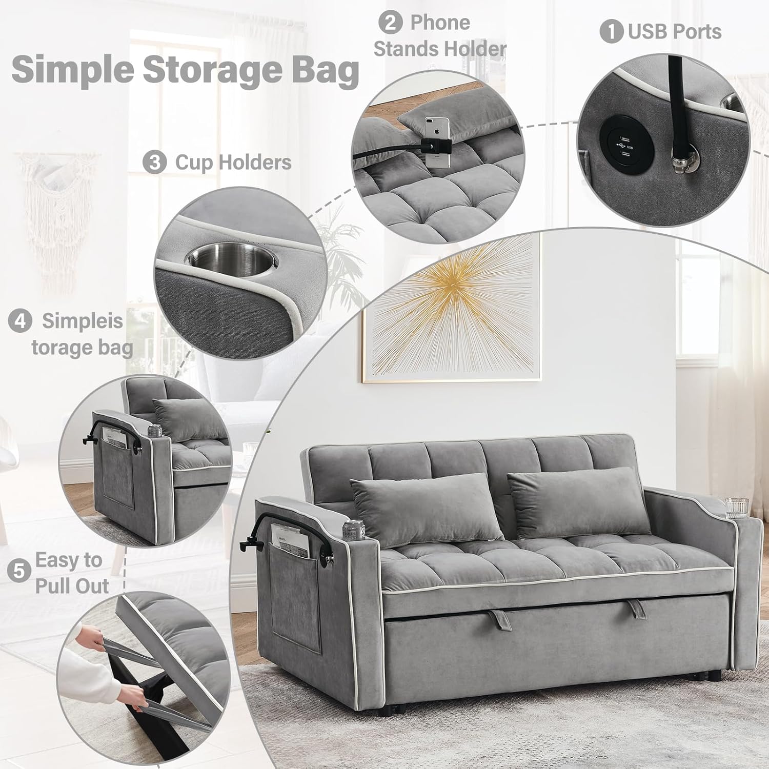 3 in 1 Sleeper Sofa Couch Bed,Velvet Convertible Loveseat Sleeper Sofa Bed,Pull Out Sofa Bed With USB Port Ashtray Swivel Phone