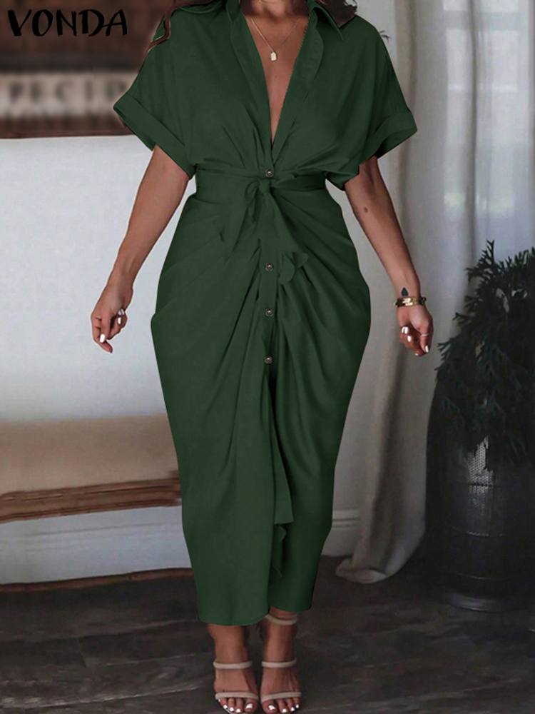 Vonda plus size 5xl Frauen Herbst hemd Kleid 2024 Mode einfarbig Sommerkleid lässig lose plissierte Robe Revers Hals Vestidos