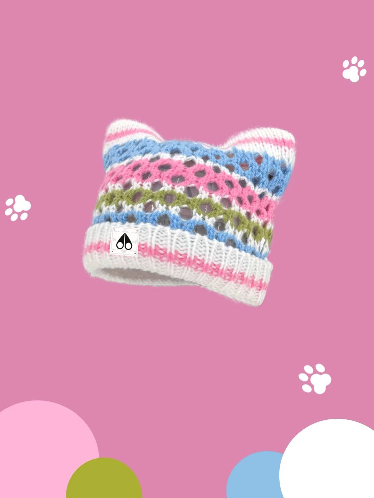 Moose Kingship レディース ニット帽 猫耳デザイン 中空暖かさ 秋と冬シーズン用 カラフルなストライプ ドポミンスタイル