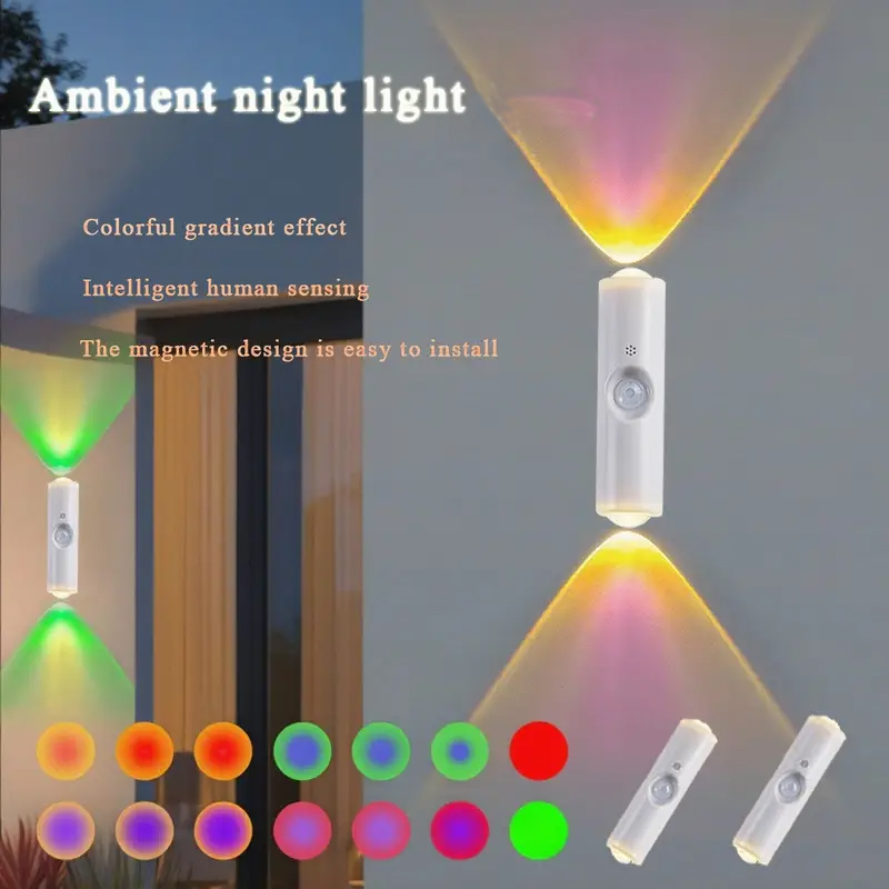 LED Night Light with Motion Sensor Double-head Magnetic Wall Lamp Rechargeable RGB/3-Color Adjustable for Cabinet Hallway Stair