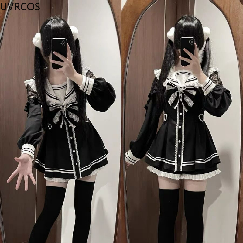 Japoński styl Gothic Y2k Lolita Bow Dress Shorts Set Women Vintage Sweet Long Sleeve Button Shirt Party Dresses Slim Mini Dress