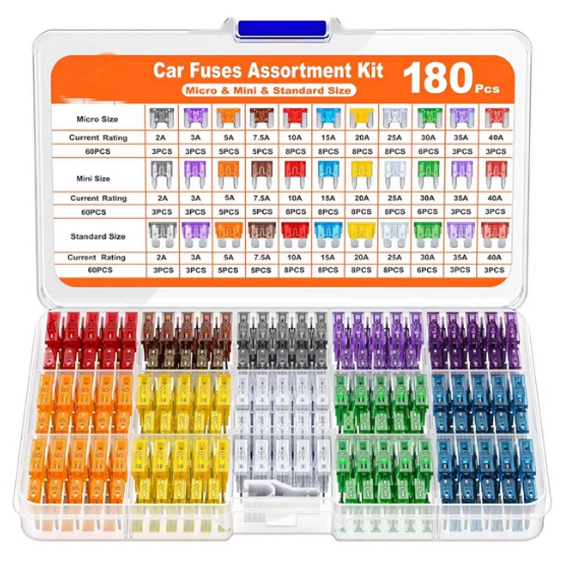 180 Stuks Auto Zekeringen Diverse Kit, 60 Mini Blade Auto Zekering + 60 Standaard Zekering Automotive + 60 Micro Zekering + Zekering Puller
