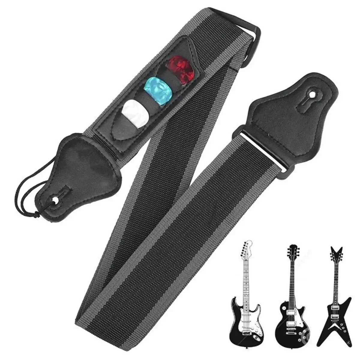 Correa de guitarra eléctrica ajustable con 3 soportes para púas, extremos de cuero PU, correa para bajo y guitarra acústica, accesorios para cinturón