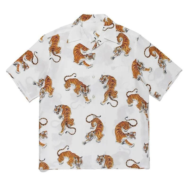 Hawaiian Tiger Print shirt Short sleeve black top Beach vacation men's Fashion vintage clothing