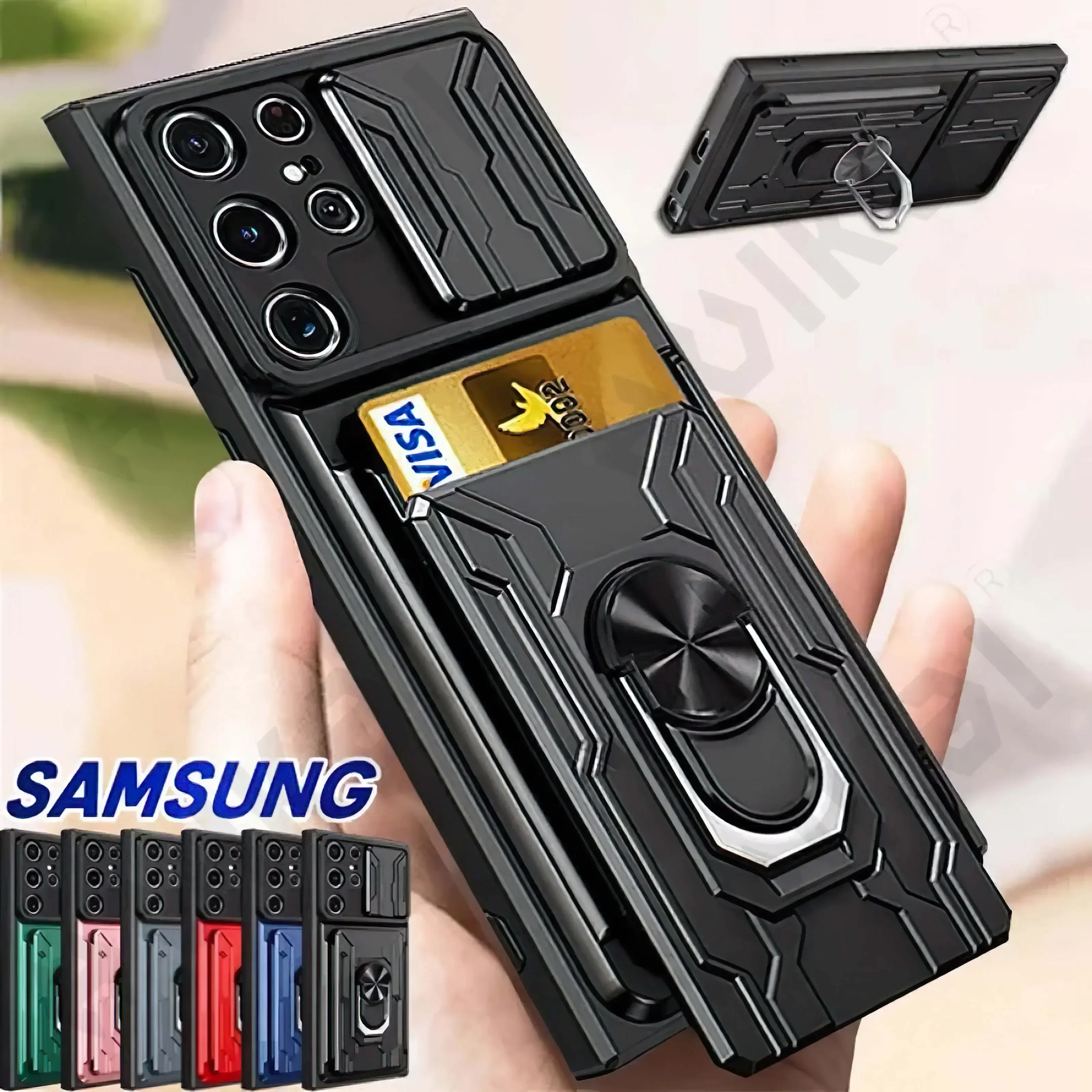 Чехол для Samsung Galaxy S25 S24 S23 S22 S21 Ultra Plus S20 FE A55 A35 A54 A14 4G 5G Slide Camera Card Holder 360 °   Крышка кольца