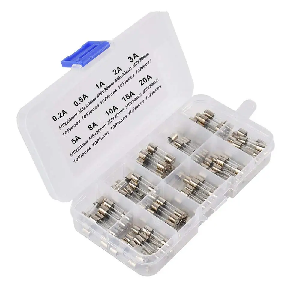 Kit surtido de fusibles de tubo de vidrio de soplado rápido de 100 piezas, fusibles de 5x20 mm 250 V 10 valores 0,5 A, 1A, 2A, 3A, 5A, 6A, 8A, 10A, 15A, 20A