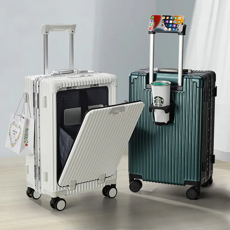 Gepäck Multifunktions-Reisekoffer Aluminium rahmen Zugstange Fall USB-Ladeans chluss mit klappbarer Getränke halter Boarding Bag