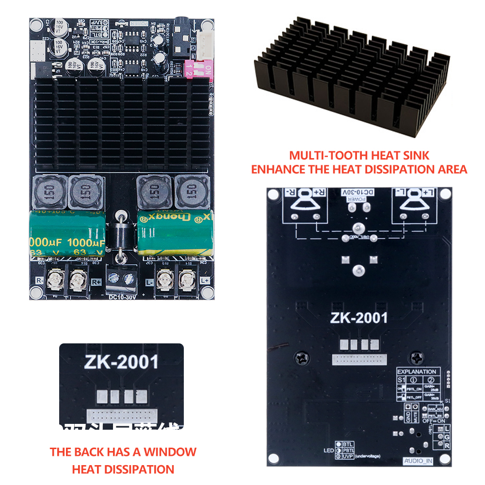 TPA3221 ZK-2001 200 W Mono/100 W + 100 W Zweikanal-Digital-Leistungsverstärkerplatine MCU Anti-Pop-einstellbare Verstärkung 10-30 V