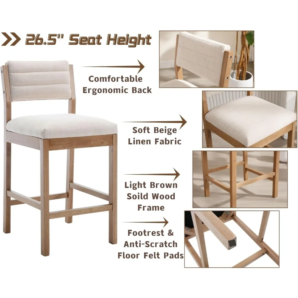 26.5'' Tall Bar Stools Set of 4 Modern Counter Stools with Backs Beige Linen Upholstered Bar Height Chairs Counter Height Island