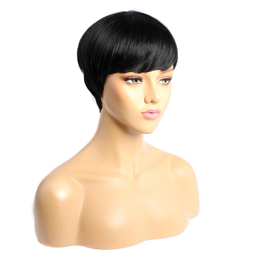วิกผมผมมนุษย์สั้นกับ Bangs สีดําธรรมชาติวิกผมสั้น Pixie ตัดวิกผมผมมนุษย์เครื่องทําคอสเพลย์ Duby วิกผมสําหรับผู้หญิง